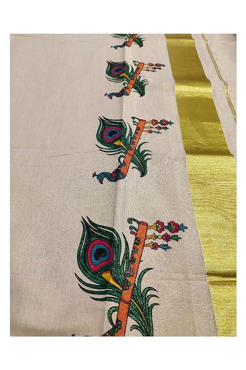 Women's Kerala Tissue Kasavu Onam Saree With Mural Peacock Feather and Flute Design