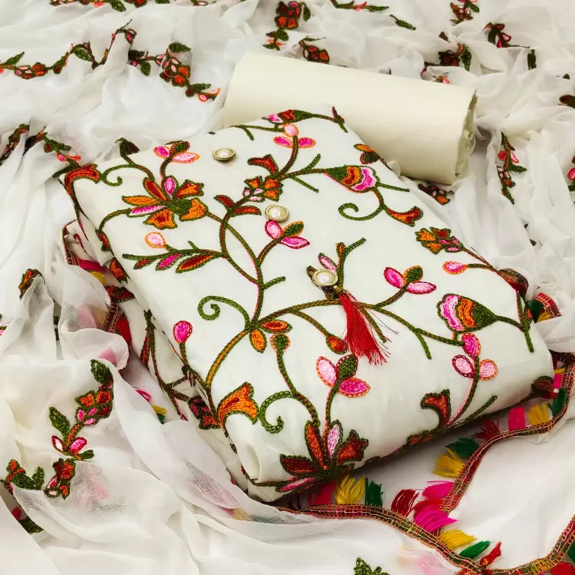 Semi Stitched Cotton Blend Salwar Suit Material Embroidered