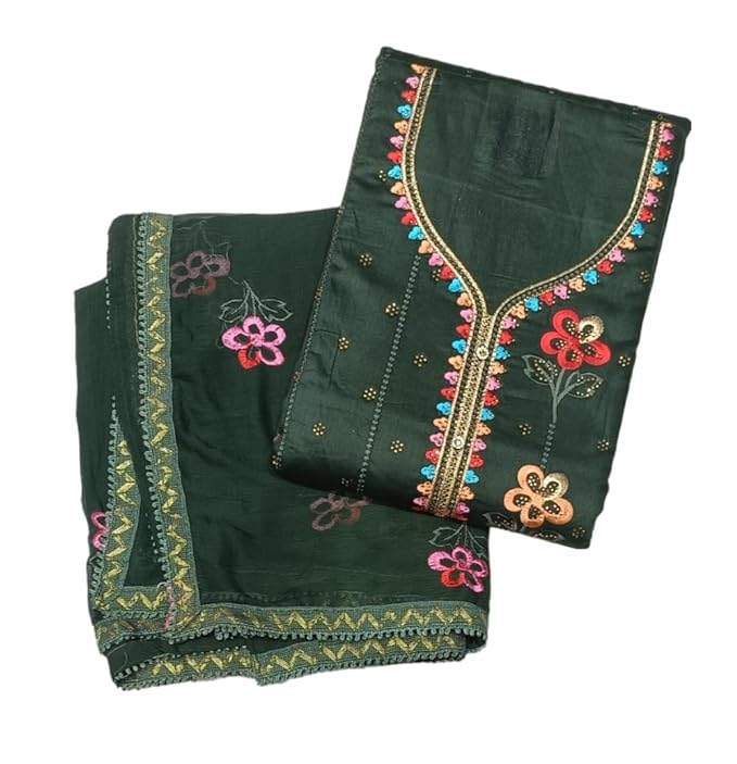 Cotton Neck Embroidery And Daman Work Suit with Chiffon Multi Thread work with four sided Border Dupatta